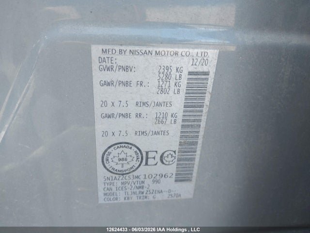 Продаж на аукціоні авто 2021 Nissan Murano Midnight Edition/sl, vin: 5N1AZ2CS3MC102962, номер лоту: 12624433