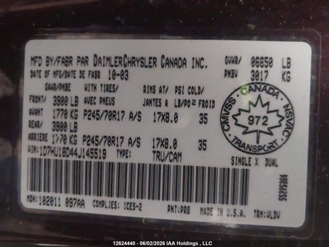 12624440 :رقم المزاد ، 1D7HU18D44J145519 vin ، 2004 Dodge Ram 1500 Slt/laramie مزاد بيع