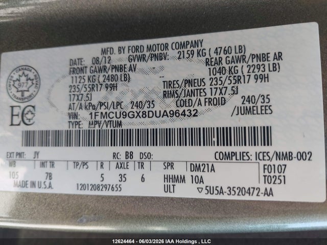 Продажа на аукционе авто 2013 Ford Escape, vin: 1FMCU9GX8DUA96432, номер лота: 12624464