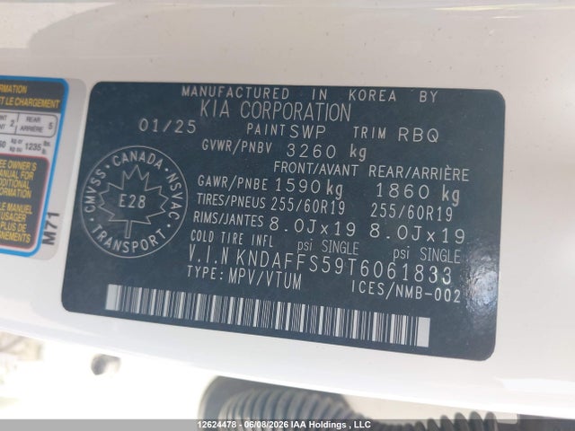 Aukcja sprzedaży 2026 Kia Ev9 Land Awd, vin: KNDAFFS59T6061833, numer aukcji: 12624478