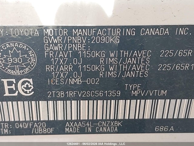 12624481 :رقم المزاد ، 2T3B1RFV2SC561359 vin ، 2025 Toyota Rav4 Le مزاد بيع