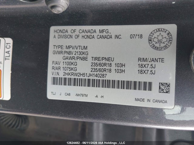 12624482 :رقم المزاد ، 2HKRW2H51JH140287 vin ، 2018 Honda Cr-v Ex مزاد بيع