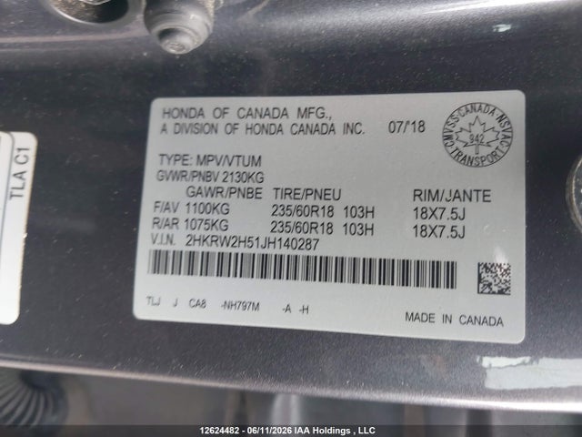 12624482 :رقم المزاد ، 2HKRW2H51JH140287 vin ، 2018 Honda Cr-v Ex مزاد بيع