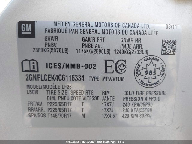 Продажа на аукционе авто 2012 Chevrolet Equinox Ls, vin: 2GNFLCEK4C6116334, номер лота: 12624493