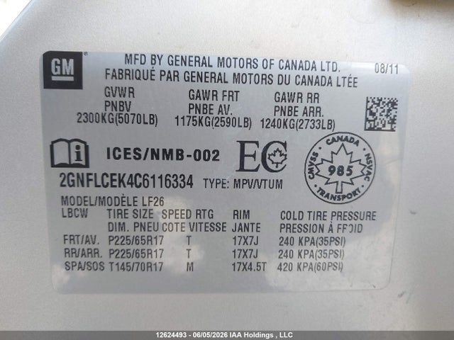Продажа на аукционе авто 2012 Chevrolet Equinox Ls, vin: 2GNFLCEK4C6116334, номер лота: 12624493