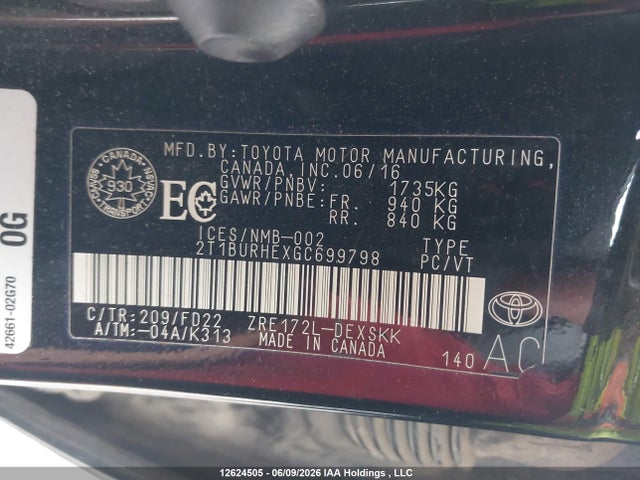 2016 Toyota Corolla S მანქანა იყიდება აუქციონზე, vin: 2T1BURHEXGC699798, აუქციონის ნომერი: 12624505