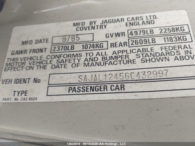 12624516 :رقم المزاد ، SAJAL1245GC432997 vin ، 1986 Jaguar Xj6 مزاد بيع