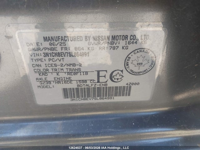 3N1CN8EV7SL864991 Nissan Versa Sv Fwd Cvt