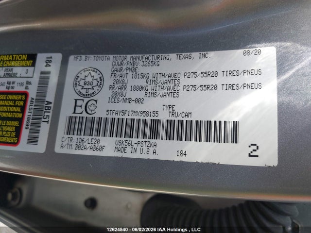 12624540 :رقم المزاد ، 5TFAY5F17MX958155 vin ، 2021 Toyota Tundra Platinum مزاد بيع