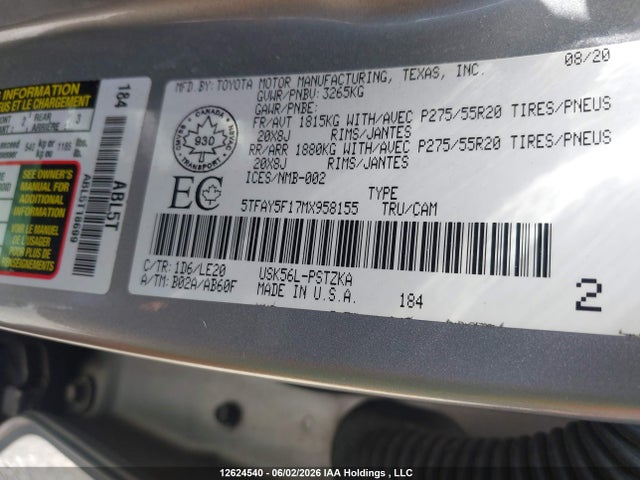 12624540 :رقم المزاد ، 5TFAY5F17MX958155 vin ، 2021 Toyota Tundra Platinum مزاد بيع