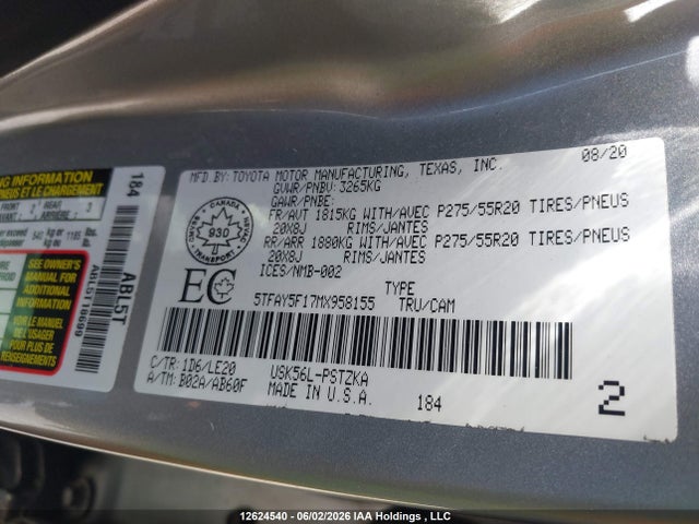 12624540 :رقم المزاد ، 5TFAY5F17MX958155 vin ، 2021 Toyota Tundra Platinum مزاد بيع