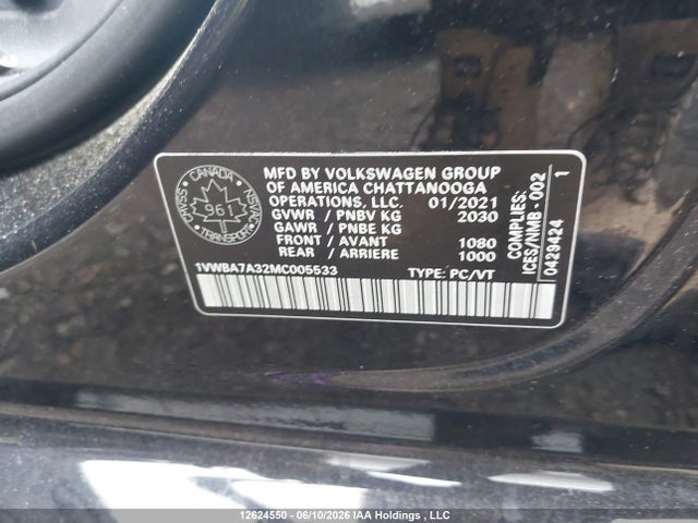 2021 Volkswagen Passat Highline მანქანა იყიდება აუქციონზე, vin: 1VWBA7A32MC005533, აუქციონის ნომერი: 12624550