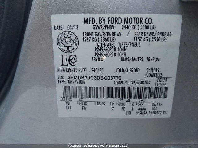 Продажа на аукционе авто 2013 Ford Edge Sel, vin: 2FMDK3JC3DBC03776, номер лота: 12624561
