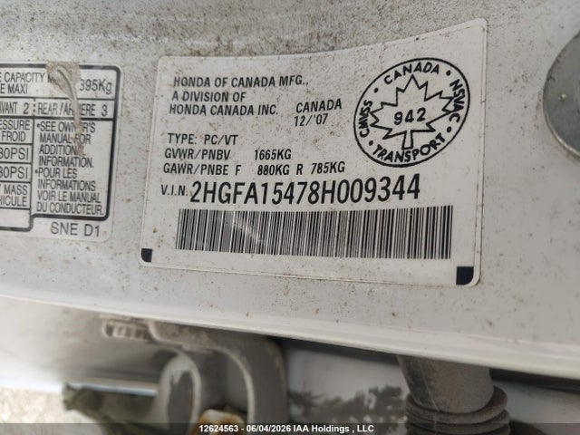 Продажа на аукционе авто 2008 Honda Civic, vin: 2HGFA15478H009344, номер лота: 12624563