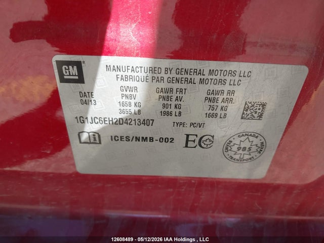 Auction sale of the 2013 Chevrolet Sonic Lt Auto, vin: 1G1JC6EH2D4213407, lot number: 12608489