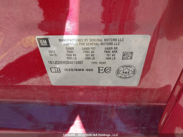 Auction sale of the 2013 Chevrolet Sonic Lt Auto, vin: 1G1JC6EH2D4213407, lot number: 12608489