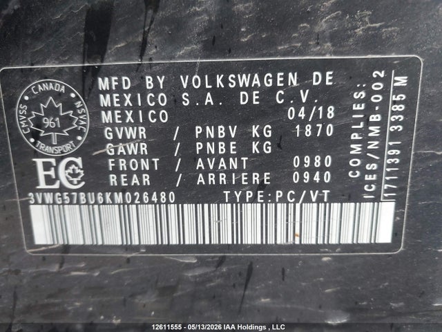 Auction sale of the 2019 Volkswagen Jetta 1.4 Tsi Execline, vin: 3VWG57BU6KM026480, lot number: 12611555