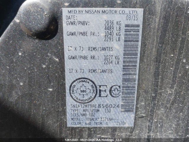 12612323 :رقم المزاد ، 5N1AT2MT9FC856024 vin ، 2015 Nissan Rogue S/sv مزاد بيع