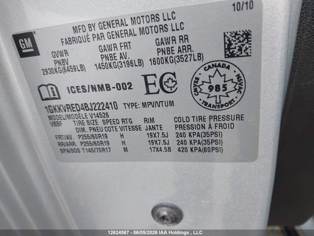 12624567 :رقم المزاد ، 1GKKVRED4BJ222410 vin ، 2011 Gmc Acadia Slt-1 مزاد بيع