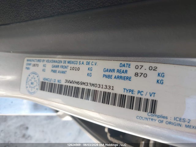 12624569 :رقم المزاد ، 3VWVH69M33M031331 vin ، 2003 Volkswagen Jetta Gli مزاد بيع