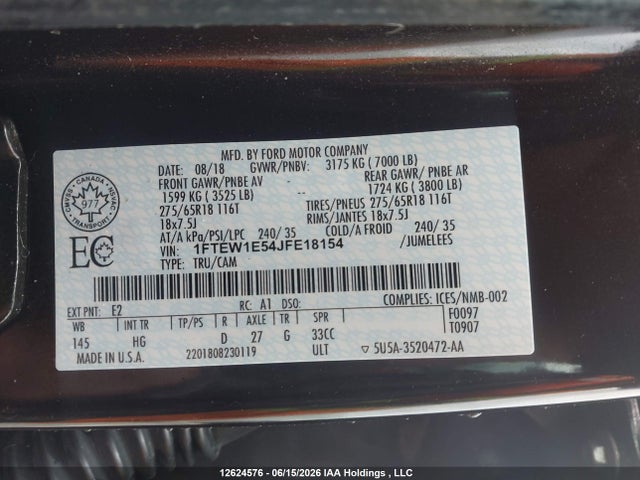 12624576 :رقم المزاد ، 1FTEW1E54JFE18154 vin ، 2018 Ford F-150 Lariat مزاد بيع