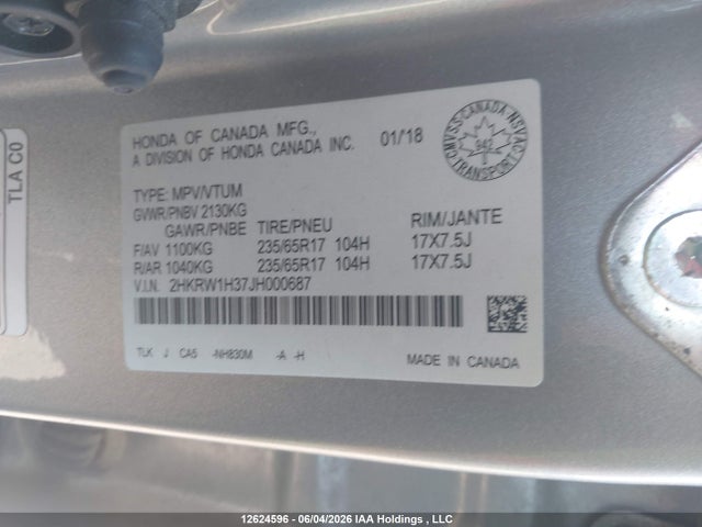 Auction sale of the 2018 Honda Cr-v Lx, vin: 2HKRW1H37JH000687, lot number: 12624596