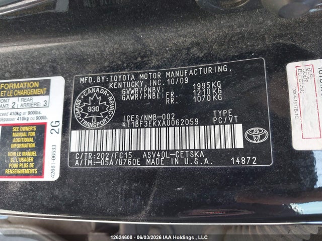 Aukcja sprzedaży 2010 Toyota Camry Se/le/xle, vin: 4T1BF3EKXAU062059, numer aukcji: 12624608