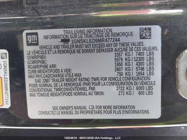 Aukcja sprzedaży 2021 Chevrolet Tahoe K1500, vin: 1GNSKLED9MR477244, numer aukcji: 12624619