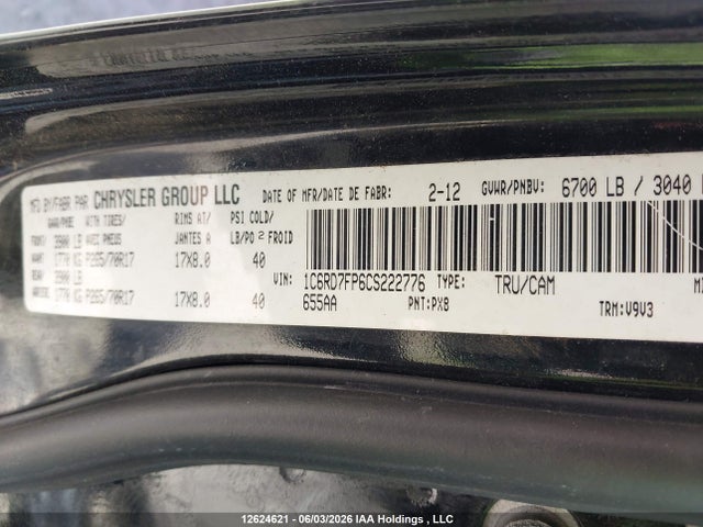 Продаж на аукціоні авто 2012 Ram 1500 St, vin: 1C6RD7FP6CS222776, номер лоту: 12624621