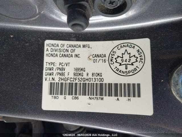 12624624 :رقم المزاد ، 2HGFC2F52GH013100 vin ، 2016 Honda Civic Sedan مزاد بيع