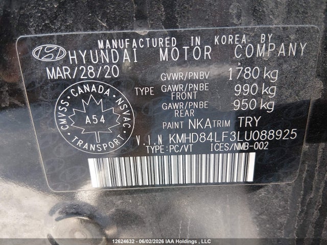 12624632 :رقم المزاد ، KMHD84LF3LU088925 vin ، 2020 Hyundai Elantra Preferred Auto Ivt مزاد بيع