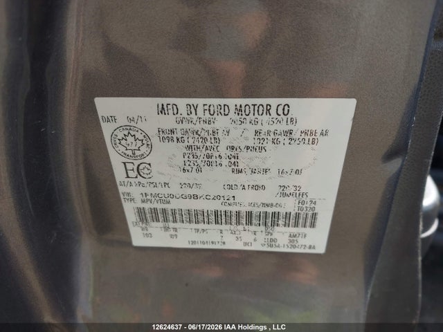 12624637 :رقم المزاد ، 1FMCU0DG9BKC20121 vin ، 2011 Ford Escape مزاد بيع
