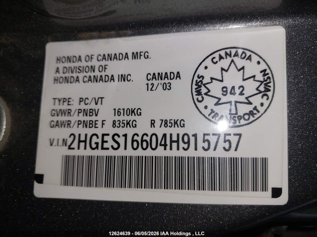 2004 Honda Civic Lx მანქანა იყიდება აუქციონზე, vin: 2HGES16604H915757, აუქციონის ნომერი: 12624639