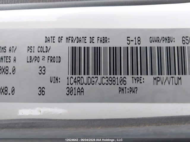 12624642 :رقم المزاد ، 1C4RDJDG7JC398106 vin ، 2018 Dodge Durango Gt مزاد بيع