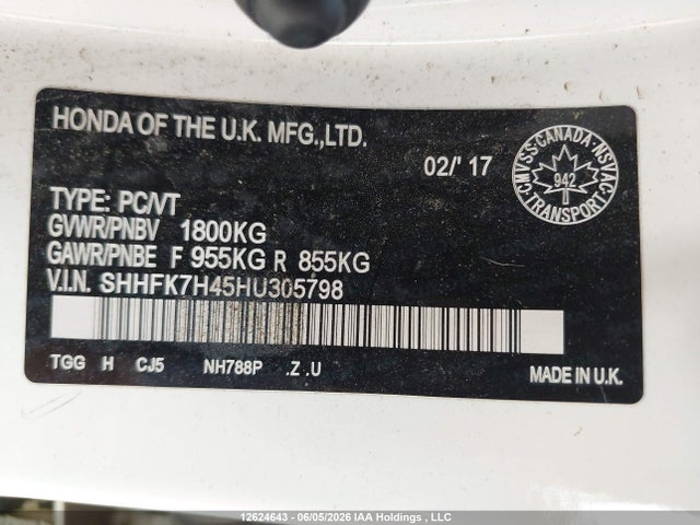 12624643 :رقم المزاد ، SHHFK7H45HU305798 vin ، 2017 Honda Civic Sport مزاد بيع