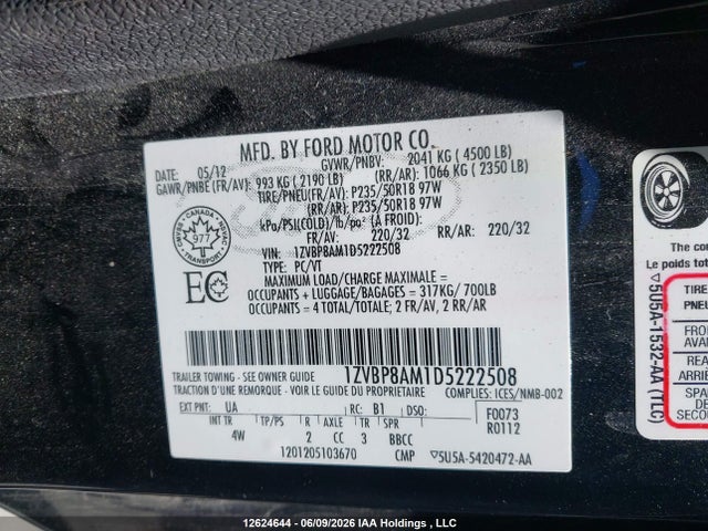 Продаж на аукціоні авто 2013 Ford Mustang, vin: 1ZVBP8AM1D5222508, номер лоту: 12624644