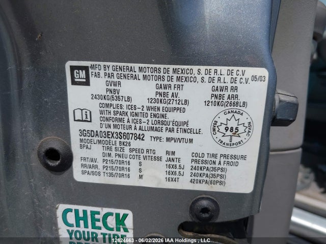 12624663 :رقم المزاد ، 3G5DA03EX3S607842 vin ، 2003 Buick Rendezvous Cx/cxl مزاد بيع