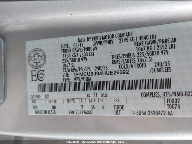 Продажа на аукционе авто 2017 Ford Escape Titanium, vin: 1FMCU9J94HUE26292, номер лота: 12624669