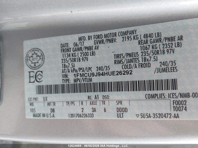 Продажа на аукционе авто 2017 Ford Escape Titanium, vin: 1FMCU9J94HUE26292, номер лота: 12624669