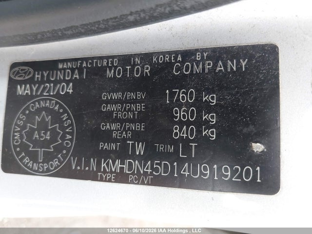 Aukcja sprzedaży 2004 Hyundai Elantra Gls/gt, vin: KMHDN45D14U919201, numer aukcji: 12624670
