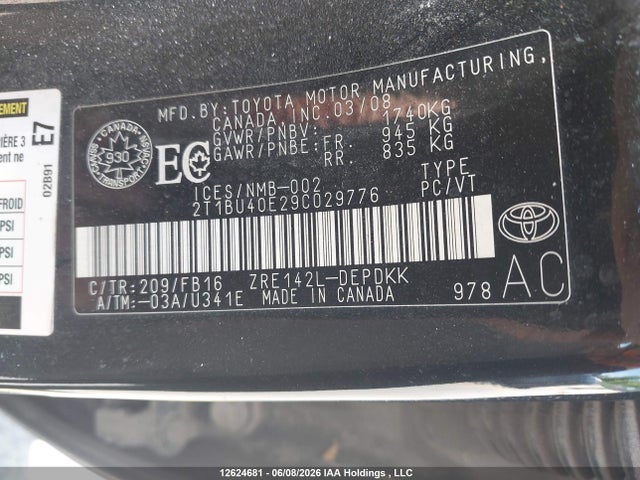 2009 Toyota Corolla S/le/xle მანქანა იყიდება აუქციონზე, vin: 2T1BU40E29C029776, აუქციონის ნომერი: 12624681
