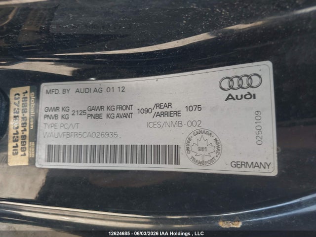 2012 Audi A5 მანქანა იყიდება აუქციონზე, vin: WAUVFBFR5CA026935, აუქციონის ნომერი: 12624685