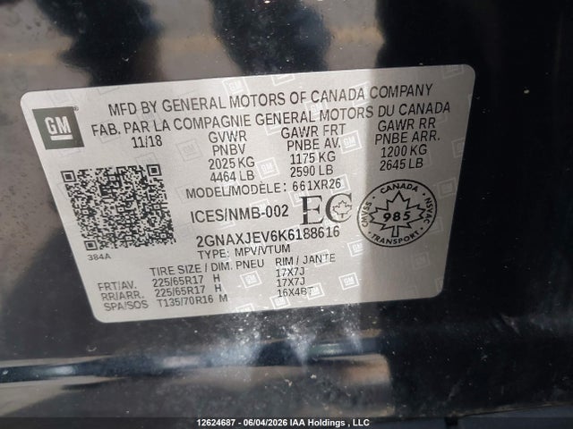 2019 Chevrolet Equinox Lt მანქანა იყიდება აუქციონზე, vin: 2GNAXJEV6K6188616, აუქციონის ნომერი: 12624687