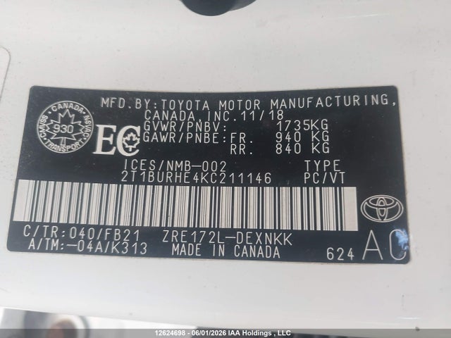 Продаж на аукціоні авто 2019 Toyota Corolla, vin: 2T1BURHE4KC211146, номер лоту: 12624698