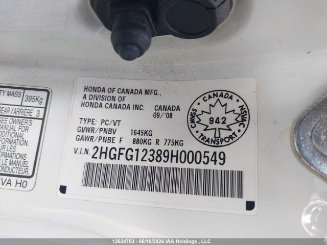 2009 Honda Civic Dx-g მანქანა იყიდება აუქციონზე, vin: 2HGFG12389H000549, აუქციონის ნომერი: 12624703