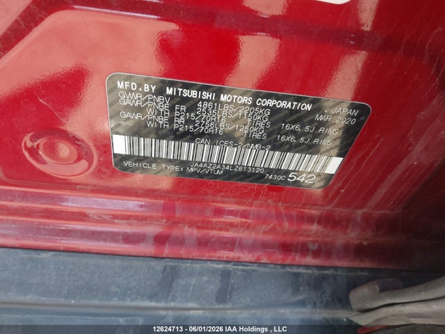 Продаж на аукціоні авто 2020 Mitsubishi Outlander Es, vin: JA4AZ2A34LZ613120, номер лоту: 12624713