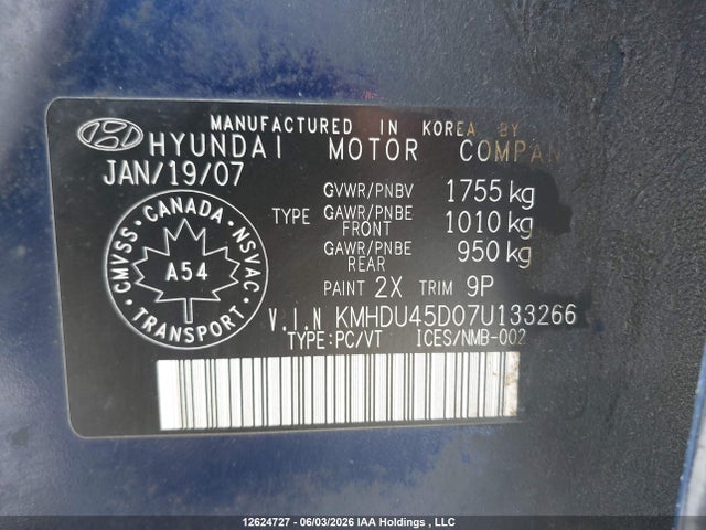 Продаж на аукціоні авто 2007 Hyundai Elantra Gl/gls, vin: KMHDU45D07U133266, номер лоту: 12624727