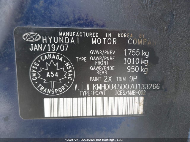 Продаж на аукціоні авто 2007 Hyundai Elantra Gl/gls, vin: KMHDU45D07U133266, номер лоту: 12624727