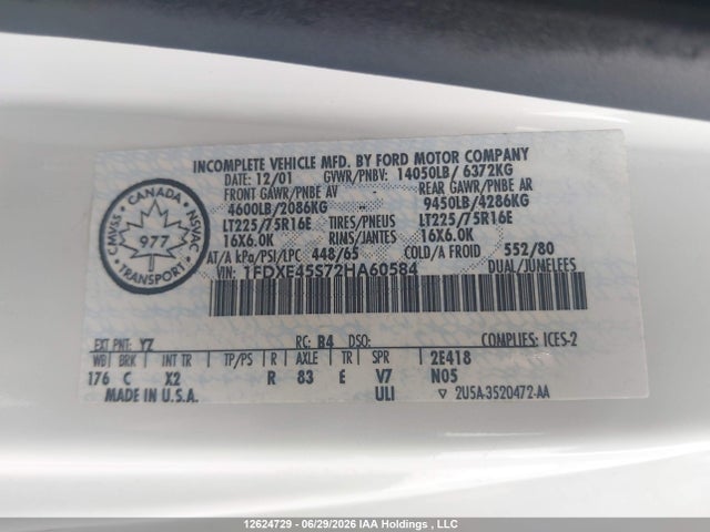 12624729 :رقم المزاد ، 1FDXE45S72HA60584 vin ، 2002 Ford E-450 Cutaway Standard مزاد بيع