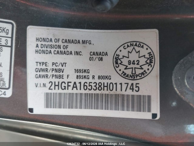 2008 Honda Civic Lx მანქანა იყიდება აუქციონზე, vin: 2HGFA16538H011745, აუქციონის ნომერი: 12624732